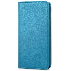 SHIELDON iPhone 11 Wallet Case, Genuine Leather, RFID Blocking, Magnetic Closure - Light Blue - Litchi Pattern