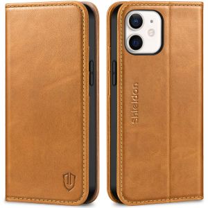 SHIELDON iPhone 12 Wallet Case - iPhone 12 Pro 6.1-inch Folio Leather Case - Retro Light Brown