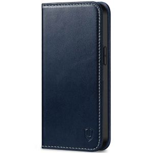 SHIELDON iPhone 13 Wallet Case, iPhone 13 Genuine Leather Cover with RFID Blocking, Book Folio Flip Kickstand Magnetic Closure - Dark Blue - Retro