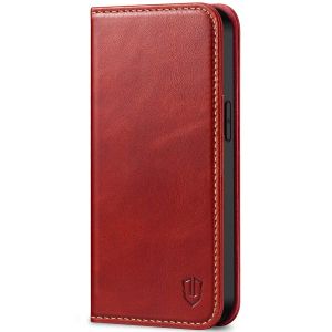 SHIELDON iPhone 13 Wallet Case, iPhone 13 Genuine Leather Cover with RFID Blocking, Book Folio Flip Kickstand Magnetic Closure - Red - Retro