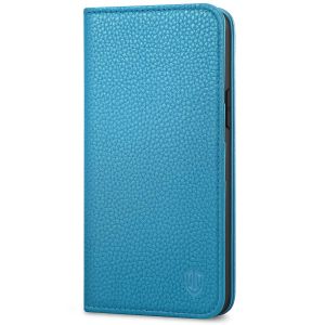 SHIELDON iPhone 13 Pro Max Wallet Case, iPhone 13 Pro Max Genuine Leather Cover - Light Blue - Litchi Pattern