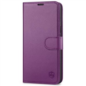 SHIELDON iPhone 14 Wallet Case, iPhone 14 Genuine Leather Cover Book Folio Flip Kickstand Case with Magnetic Clasp - Purple