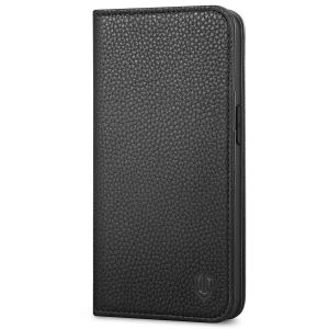 SHIELDON iPhone 14 Wallet Case, iPhone 14 Genuine Leather Cover with RFID Blocking, Book Folio Flip Kickstand Magnetic Closure - Black - Litchi Pattern