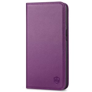 SHIELDON iPhone 14 Card Holder Case, iPhone 14 Genuine Leather Cover with RFID Blocking, Book Folio Flip Kickstand Magnetic Closure - Purple