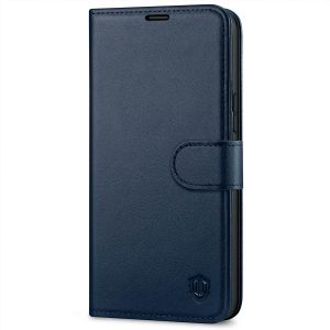 SHIELDON iPhone 14 Plus Wallet Case, iPhone 14 Plus Genuine Leather Cover Book Folio Flip Kickstand Case with Magnetic Clasp - Navy Blue