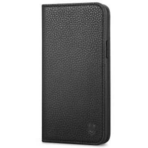 SHIELDON iPhone 14 Plus Wallet Case, iPhone 14 Plus Genuine Leather Cover with RFID Blocking, Book Folio Flip Kickstand Magnetic Closure - Black - Litchi Pattern