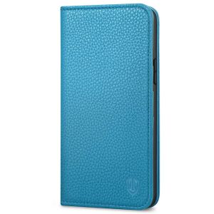 SHIELDON iPhone 14 Plus Wallet Case, iPhone 14 Plus Genuine Leather Cover with RFID Blocking, Book Folio Flip Kickstand Magnetic Closure - Light Blue - Litchi Pattern