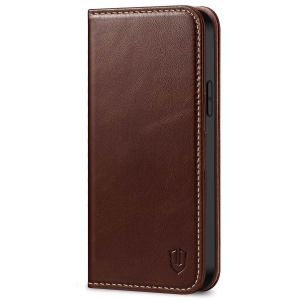 SHIELDON iPhone 14 Plus Wallet Case, iPhone 14 Plus Genuine Leather Cover with RFID Blocking, Book Folio Flip Kickstand Magnetic Closure - Coffee - Retro