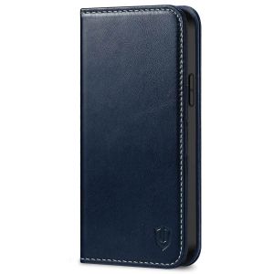 SHIELDON iPhone 14 Plus Wallet Case, iPhone 14 Plus Genuine Leather Cover with RFID Blocking, Book Folio Flip Kickstand Magnetic Closure - Dark Blue - Retro