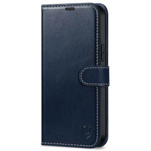 SHIELDON iPhone 14 Plus Wallet Case, iPhone 14 Plus Genuine Leather Cover Book Folio Flip Kickstand Case with Magnetic Clasp - Dark Blue - Retro