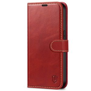 SHIELDON iPhone 14 Pro Wallet Case, iPhone 14 Pro Genuine Leather Cover with Magnetic Clasp - Red - Retro