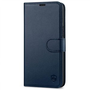 SHIELDON iPhone 14 Pro Max Wallet Case, iPhone 14 Pro Max Genuine Leather Cover with Magnetic Clasp Closure Flip Case - Navy Blue