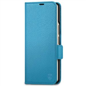 SHIELDON SAMSUNG Galaxy Z Fold4 5G Genuine Leather Wallet Case Cover with S Pen Holder, Folio Flip Style - Light Blue - Litchi Pattern
