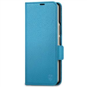 SHIELDON SAMSUNG Galaxy Z Fold4 5G Genuine Leather Wallet Case Cover with S Pen Holder, Folio Flip Style - Light Blue - Litchi Pattern