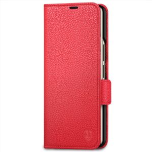 SHIELDON SAMSUNG Galaxy Z Fold4 5G Genuine Leather Wallet Case Cover with S Pen Holder, Folio Flip Style - Red - Litchi Pattern