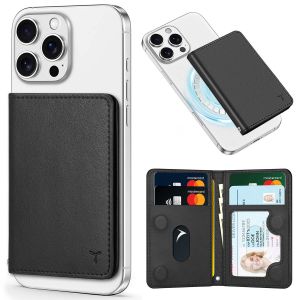 TUCCH Magsafe Compatible Card Holder Phone Wallet with Strong Magnetic Stable for iPhone 16 16e 15 14 13 12 Plus/Pro/Pro Max, Adjustable Stand RFID Blocking PU Leather Slim Card Wallet Clip, 6 Card Slots Not Fits Mini iPhone