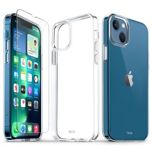 TUCCH iPhone 13 Clear TPU Case Non-Yellowing, Transparent Thin Slim Scratchproof Shockproof TPU Case with Tempered Glass Screen Protector for iPhone 13 5G 6.1-Inch Crystal Clear