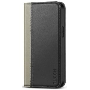 TUCCH iPhone 13 Leather Wallet Case, iPhone 13 Wallet Cover, Flip Cover with Stand, Credit Card Slots, Magnetic Closure - Black & Grey