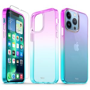 TUCCH iPhone 13 Pro Clear TPU Case Non-Yellowing, Transparent Thin Slim Scratchproof Shockproof TPU Case with Tempered Glass Screen Protector for iPhone 13 Pro 5G - Violet Blue