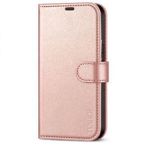 TUCCH iPhone 13 Wallet Case, iPhone 13 PU Leather Case, Folio Flip Cover with RFID Blocking, Credit Card Slots, Magnetic Clasp Closure - Shiny Rose Gold