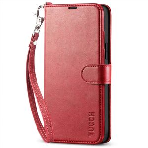 TUCCH iPhone 13 Pro Max Wallet Case, iPhone 13 Pro Max PU Leather Case with Folio Flip Book RFID Blocking, Stand, Card Slots, Magnetic Clasp Closure Strap - Dark Red