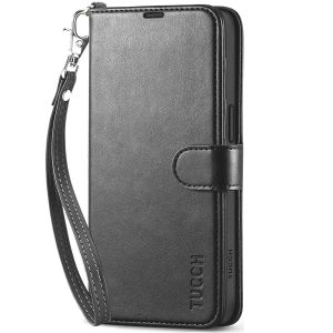 TUCCH iPhone 15 Wallet Case, iPhone 15 PU Leather Case-Strap - Black