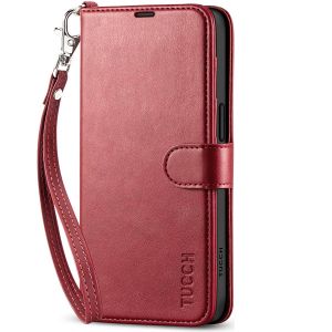 TUCCH iPhone 15 Wallet Case, iPhone 15 PU Leather Case-Strap - Dark Red