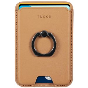 TUCCH PU Leather Magnetic Card Holder with RFID Blocking and Finger Grip Metal Ring Stand for iPhone 12 iPhone 13 iPhone 14 iPhone 15 and Magsafe Compatible Phone Case - Brown