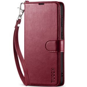 TUCCH SAMSUNG GALAXY S23FE Wallet Case, SAMSUNG S23FE PU Leather Case Flip Cover - Wrist Strap Wine Red