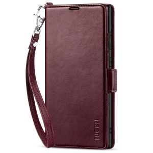 TUCCH SAMSUNG S23 Ultra Wallet Case, SAMSUNG Galaxy S23 Ultra PU Leather Cover Book Flip Folio Case - Wrist Strap - Wine Red