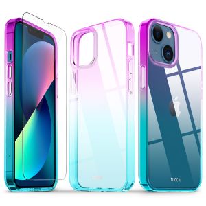 TUCCH iPhone 13 Mini Clear TPU Case Non-Yellowing, Transparent Thin Slim Scratchproof Shockproof TPU Case with Tempered Glass Screen Protector for iPhone 13 Mini 5G(5.4-Inch) - Purple&Blue