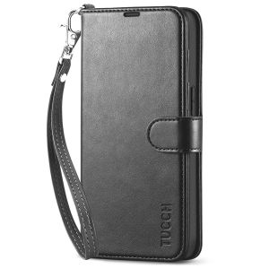 TUCCH iPhone 14 Wallet Case, iPhone 14 PU Leather Case, Folio Flip Cover with RFID Blocking, Credit Card Slots, Magnetic Clasp Closure - Strap - Black
