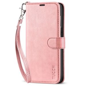 TUCCH iPhone 14 Wallet Case, iPhone 14 PU Leather Case, Folio Flip Cover with RFID Blocking, Credit Card Slots, Magnetic Clasp Closure - Strap - Rose Gold