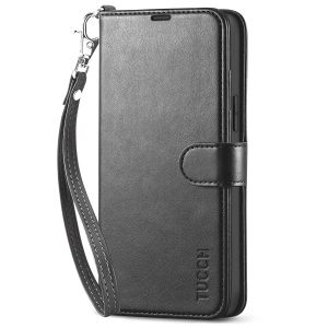 TUCCH iPhone 14 Plus Wallet Case, Mini iPhone 14 Plus 6.7-inch Leather Case, Folio Flip Cover with RFID Blocking, Stand, Credit Card Slots, Magnetic Clasp Closure - Strap - Black