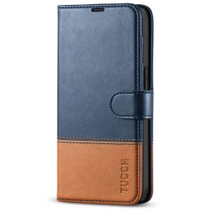 TUCCH iPhone 14 Wallet Case, iPhone 14 PU Leather Case, Folio Flip Cover with RFID Blocking, Credit Card Slots, Magnetic Clasp Closure - Dark Blue & Brown