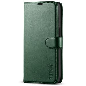 TUCCH iPhone 14 Wallet Case, iPhone 14 PU Leather Case, Folio Flip Cover with RFID Blocking, Credit Card Slots, Magnetic Clasp Closure - Midnight Green