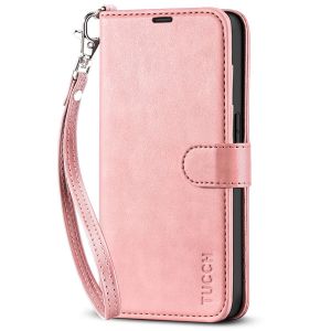 TUCCH iPhone 14 Pro Wallet Case, iPhone 14 Pro PU Leather Case, Folio Flip Cover with RFID Blocking and Kickstand - Strap - Rose Gold
