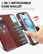 TUCCH iPhone 15 Magnetic Detachable Leather Case, Regular iPhone 15 2in1 Wallet Case - Dark Red