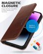SHIELDON iPhone 15 Genuine Leather Wallet Case, iPhone 15 Magnetic Closure Cover - Retro Coffee