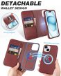 SHIELDON iPhone 15 Plus Detachable Magnetic Wallet Case, iPhone 15 Plus Genuine Leather Case,  Support Qi wireless charging - Wine Red