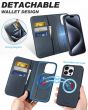 SHIELDON iPhone 15 Pro Detachable Magnetic Wallet Case, iPhone 15 Pro Genuine Leather Case,  Support Qi wireless charging - Navy Blue