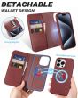 SHIELDON iPhone 15 Pro Detachable Magnetic Wallet Case, iPhone 15 Pro Genuine Leather Case,  2in1 MagSafe Compatible - Wine Red