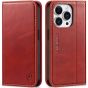 SHIELDON iPhone 15 Pro Genuine Leather Wallet Case, iPhone 15 Pro Folio Cover with Card Slots - Retro Red