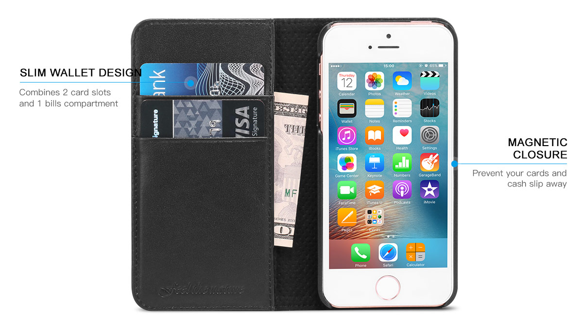 SHIELDON iPhone 5S Flip Case - Genuine Leather Wallet Cover