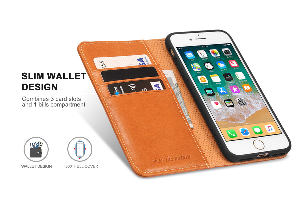 SHIELDON iPhone 8 Wallet Case with Genuine Leather Case, Magnet Closure, Kickstand Function, Flip Cover, Folio Style